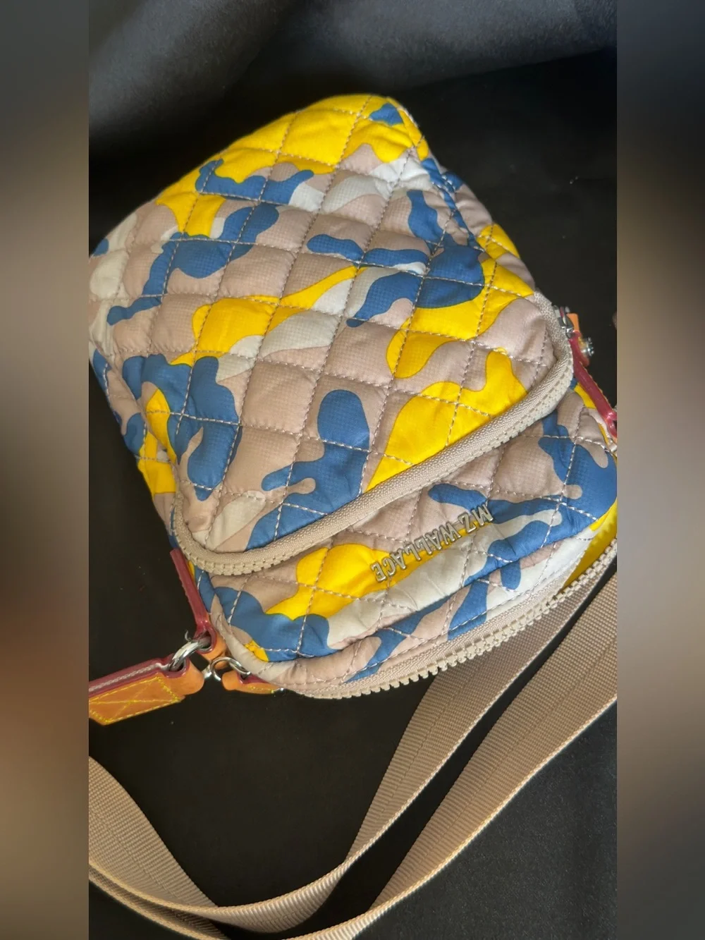MZ Wallace Metro Crossbody Bag Spring Camo Quilted Nylon Yellow Blue Phone Pouch